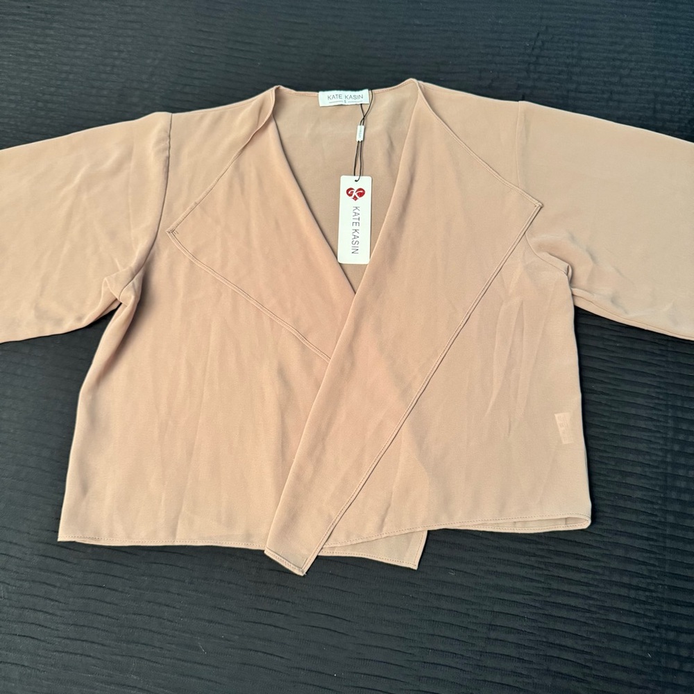 NEW! Kate Kasin Women's Beige Sheer Blouse Size Small Cardigan Open Front NWT!